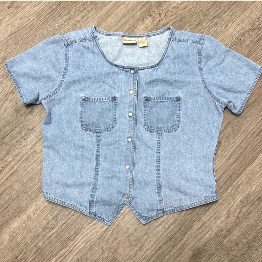 Crossroads Women Blue Denim Short Sleeve Pearl Snap Button Crop Shirt Vest Sz M